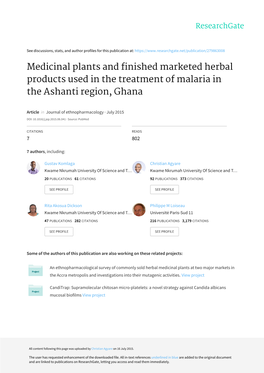 Medicinal Plants and Finished Marketed Herbal Products Used in the Treatment of Malaria in the Ashanti Region, Ghana