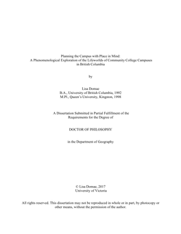 Planning the Campus with Place in Mind: a Phenomenological Exploration of the Lifeworlds of Community College Campuses in British Columbia