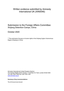 Written Evidence Submitted by Amnesty International UK (XIN0046) Submission to the Foreign Affairs Committee