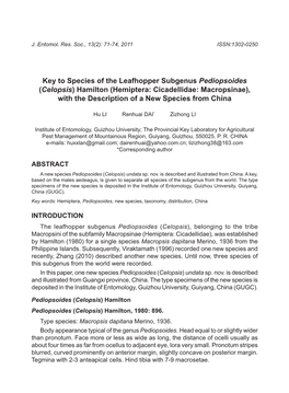 Key to Species of the Leafhopper Subgenus Pediopsoides (Celopsis) Hamilton (Hemiptera: Cicadellidae: Macropsinae), with the Description of a New Species from China