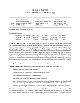 LING 110: Fall 2017 Introduction to Phonetics and Phonology