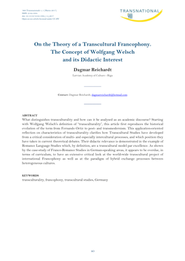 On the Theory of a Transcultural Francophony. the Concept of Wolfgang Welsch and Its Didactic Interest