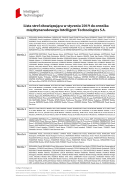 Lista Stref Obowiązująca W Styczniu 2019 Do Cennika Międzynarodowego Intelligent Technologies S.A