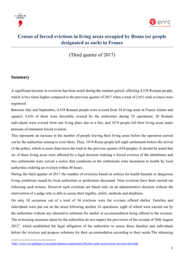 Census of Forced Evictions in Living Areas Occupied by Roma (Or People Designated As Such) in France (Third Quarter of 2017)