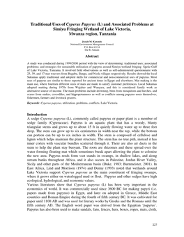 Traditional Uses of Cyperus Papyrus (L) and Associated Problems at Simiyu Fringing Wetland of Lake Victoria, Mwanza Region, Tanzania