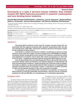 Crenolanib Is a Type I Tyrosine Kinase Inhibitor That Inhibits Mutant KIT D816 Isoforms Prevalent in Systemic Mastocytosis and Core Binding Factor Leukemia