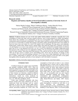 Research Article Hygienic and Sanitary Quality in Street Food Stalls Located in a University Sector of Barranquilla, Colombia