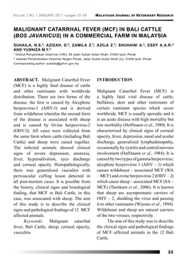 Malignant Catarrhal Fever (MCF) in Bali Cattle (Bos Javanicus) in a Commercial Farm in Malaysia