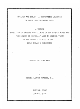 Quilter and Hyman: a Comparative Analysis of Their Shakespearean Songs a Thesis Submitted in Partial Fulfillment of the Requirem