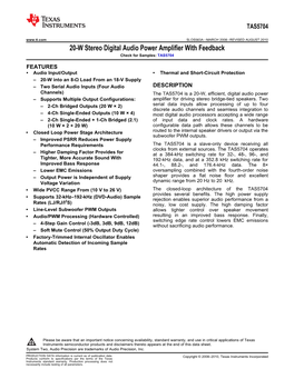 20-W Stereo Digital Audio Power Amplifier with Feedback Datasheet