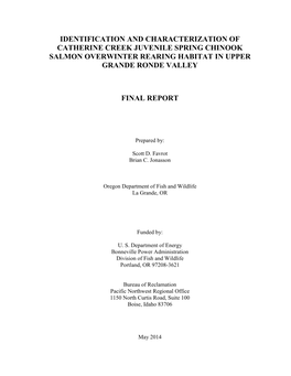 Identification and Characterization of Catherine Creek Juvenile Spring Chinook Salmon Overwinter Rearing Habitat in Upper Grande Ronde Valley