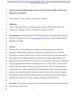 Nuclear and Mitochondrial Genomic Resources for the Meltwater Stonefly, Lednia Tumana 2 (Plecoptera: Nemouridae) 3 4 Scott Hotaling1,2, Joanna L