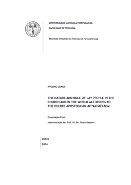 The Nature and Role of Lay People in the Church and in the World According to the Decree Apostolicam Actuositatem