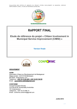 Citizen Involvement in Municipal Service Improvement (Cimsi) : Etude De Reference (Baseline)