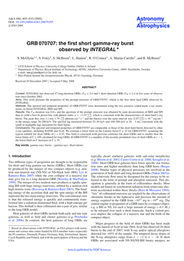 GRB 070707: the ﬁrst Short Gamma-Ray Burst Observed by INTEGRAL