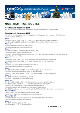 NORTHAMPTON ROUTES Monday 23Rd December 2019 We Will Be Running a Normal Monday School Holiday Service on All Routes