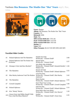 Various Ska Bonanza: the Studio One "Ska" Years Mp3, Flac, Wma