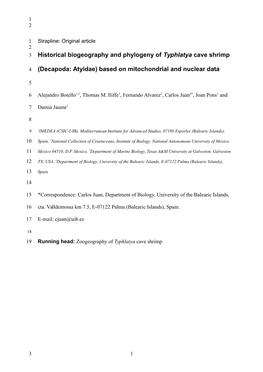 Decapoda: Atyidae) Based on Mitochondrial and Nuclear Data