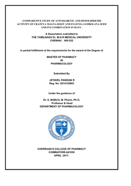 Comparetive Study of Anti Diabetic and Hypolipidemic Activity of Crateva Magna Root and Eugenia Jambolana Seed and Its Combination in Rats