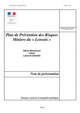 Plan De Prévention Des Risques Miniers Du « Lensois »