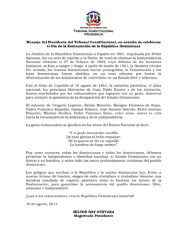 Mensaje Del Presidente Del Tribunal Constitucional, En Ocasión De Celebrarse El Día De La Restauración De La República Dominicana