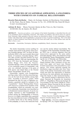 Opiliones, Laniatores) with Comments on Familial Relationships