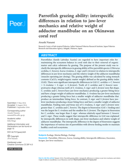 Parrotfish Grazing Ability: Interspecific Differences in Relation to Jaw-Lever Mechanics and Relative Weight of Adductor Mandibulae on an Okinawan Coral Reef