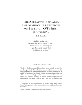 The Redemption of Eros: Philosophical Reflections on Benedict Xvi’S First Encyclical1