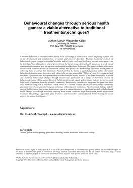 Behavioural Changes Through Serious Health Games: a Viable Alternative to Traditional Treatments/Techniques?