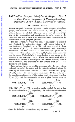 LXIV.-The Pungent P?*Inciples of Ginger. Part I. a New Ketone, Zingerone (4-Hydroxy-3-Methoxy- Phenylethyl Methyl Ketone) Occurring in Ginger
