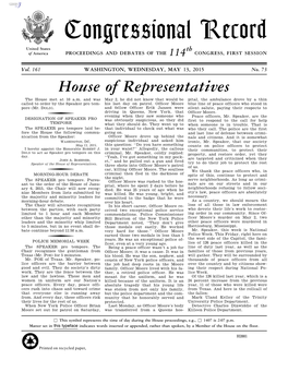 Congressional Record United States Th of America PROCEEDINGS and DEBATES of the 114 CONGRESS, FIRST SESSION