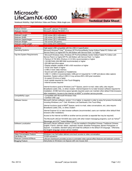 Version Information Product Version Microsoft® Lifecam™ NX-6000