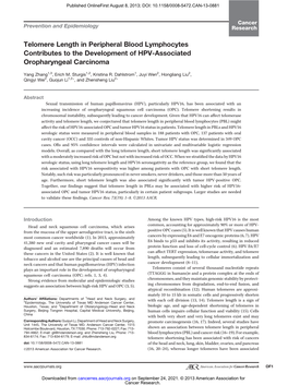 Telomere Length in Peripheral Blood Lymphocytes Contributes to the Development of HPV-Associated Oropharyngeal Carcinoma