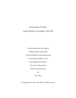 Women Before the Kirk: Godly Discipline in Canongate, 1640-1650