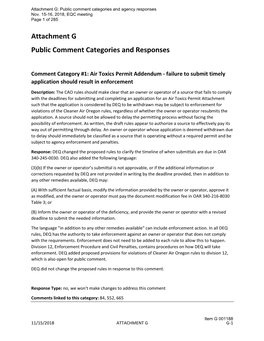 Attachment G Public Comment Categories and Responses