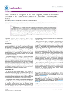 Two Centuries of Autopsies in the New England Journal of Medicine: Evolution of the Status of the Cadaver in Occidental Medicine