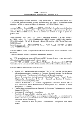 PROCES-VERBAL Séance Du Conseil Municipal Du 4 Décembre 2020