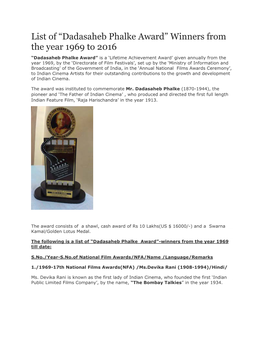 List of “Dadasaheb Phalke Award” Winners from the Year 1969 to 2016