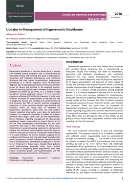 Updates in Management of Hyperemesis Gravidarum Abanoub Gabra*