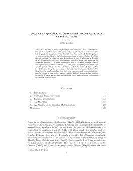 Orders in Quadratic Imaginary Fields of Small Class Number