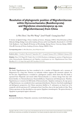 Resolution of Phylogenetic Position of Nigrofomitaceae Within Hymenochaetales (Basidiomycota) and Nigrofomes Sinomelanoporus Sp