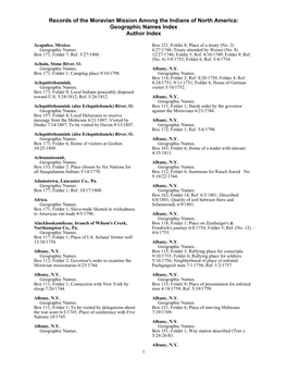 Records of the Moravian Mission Among the Indians of North America: Geographic Names Index Author Index