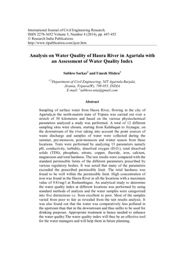 Analysis on Water Quality of Haora River in Agartala with an Assessment of Water Quality Index