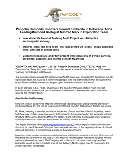 Pangolin Diamonds Discovers Second Kimberlite in Botswana, Adds Leading Diamond Geologist Manfred Marx to Exploration Team