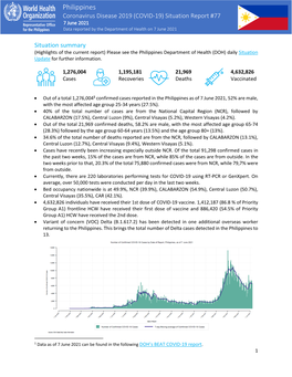 Philippines Coronavirus Disease 2019 (COVID-19) Situation Report #77 7 June 2021 Data Reported by the Department of Health on 7 June 2021