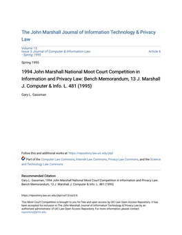 1994 John Marshall National Moot Court Competition in Information and Privacy Law: Bench Memorandum, 13 J