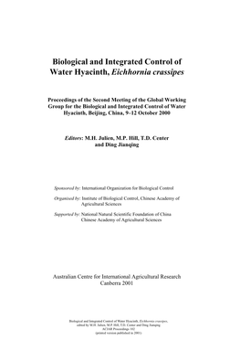 Biological and Integrated Control of Water Hyacinth, Eichhornia Crassipes