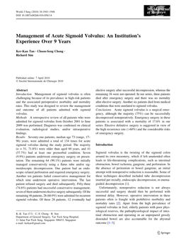 Management of Acute Sigmoid Volvulus: an Institution’S Experience Over 9 Years