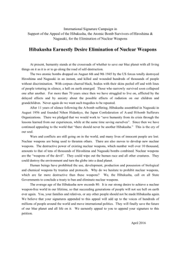 Hibakusha Earnestly Desire Elimination of Nuclear Weapons