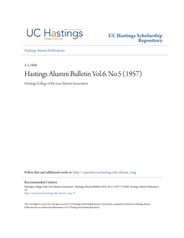 Hastings Alumni Bulletin Vol.6, No.5 (1957) Hastings College of the Law Alumni Association